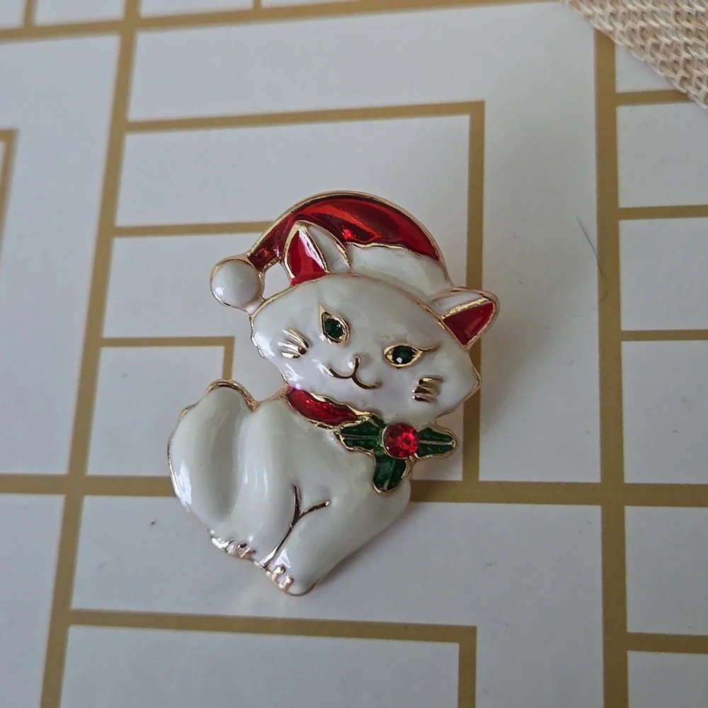 Festive Cat Brooch with Red Santa Hat In White, NWT